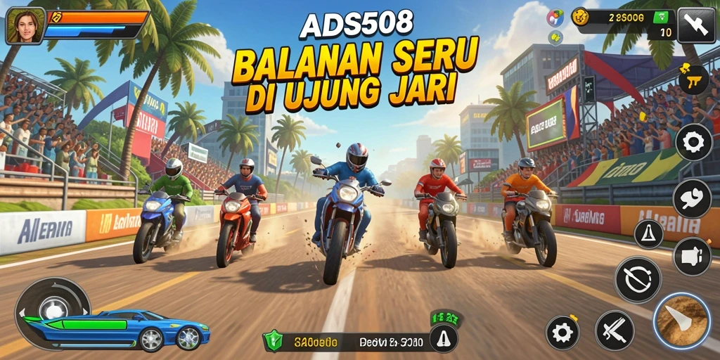 Tangkapan layar gameplay ADS508 yang menunjukkan aksi balapan mendebarkan.