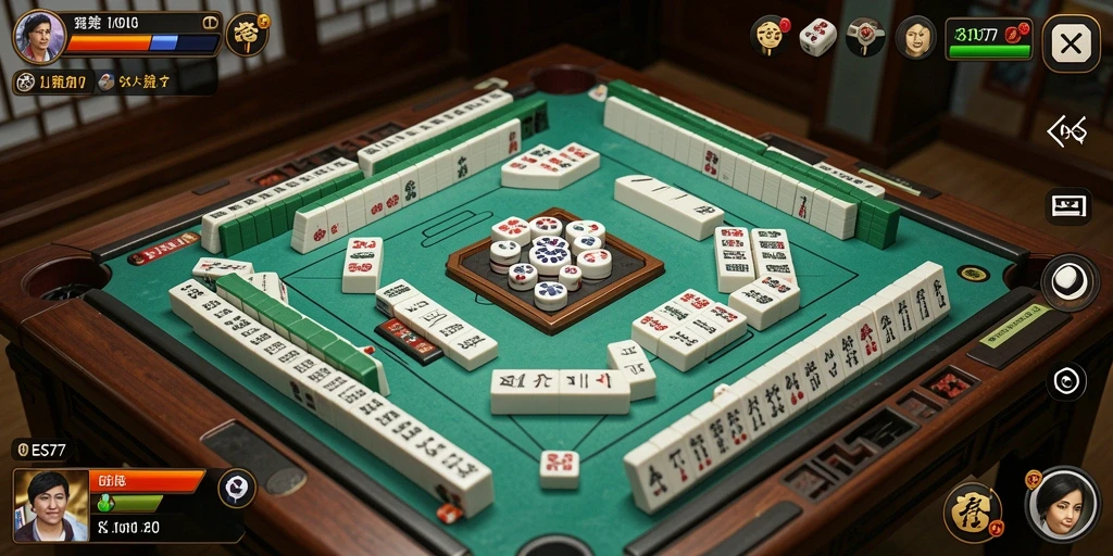 Screenshot gameplay utama EOS77 menampilkan papan Mahjong yang penuh warna.