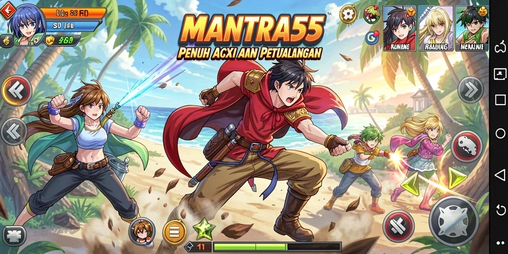 Screenshot utama MANTRA55 menunjukkan pertarungan seru dengan karakter anime favorit.