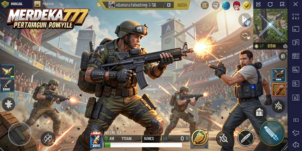 Tangkapan layar gameplay <strong>MERDEKA777</strong> menunjukkan aksi seru dalam arena Battle Royale.