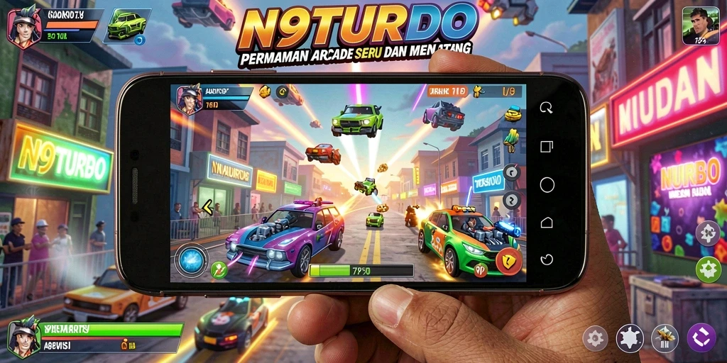 Tangkapan layar gameplay seru N9TURBO dengan efek visual menarik.