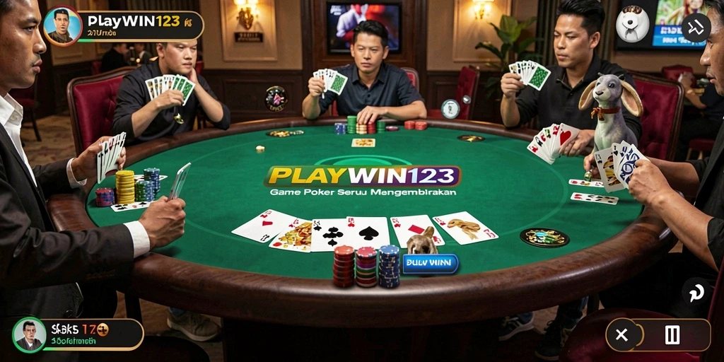 Screenshot gameplay PLAYWIN123 yang menunjukkan suasana poker yang menegangkan.