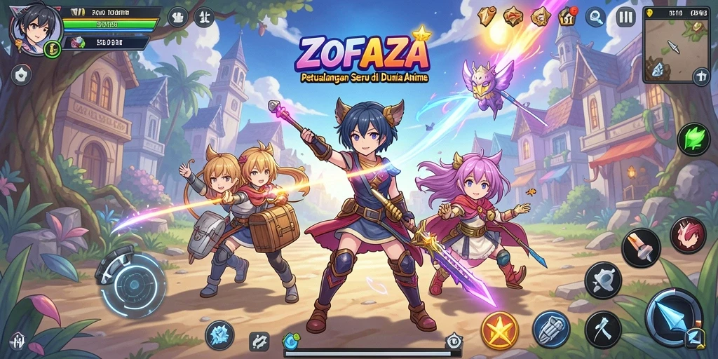 Tampilan gameplay ZOFAZA dengan karakter anime yang menarik.